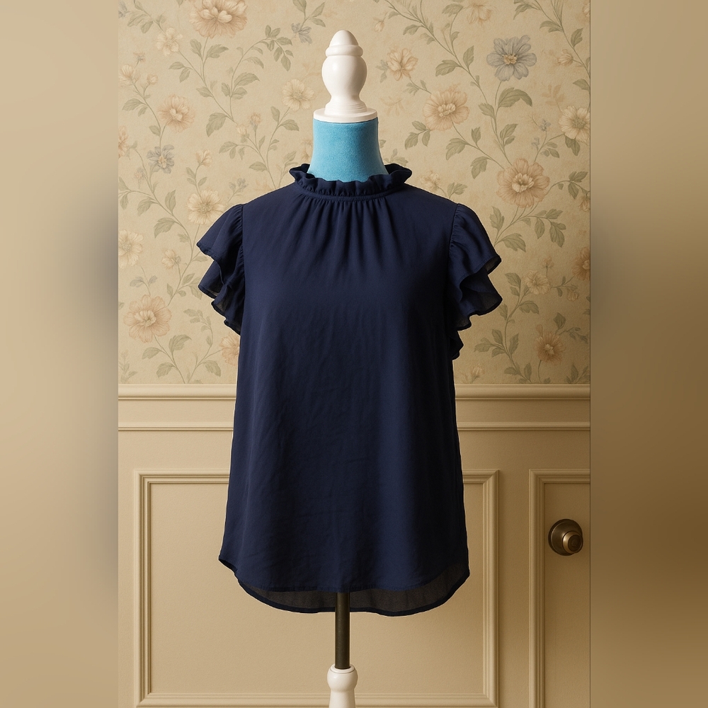 Navy Ruffle Sleeve Blouse